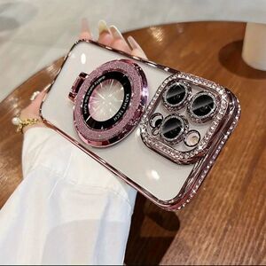 LXK Pink Glitter Clear Phone Case w/ Ring Holder and rhinestone iPhone 15 pro